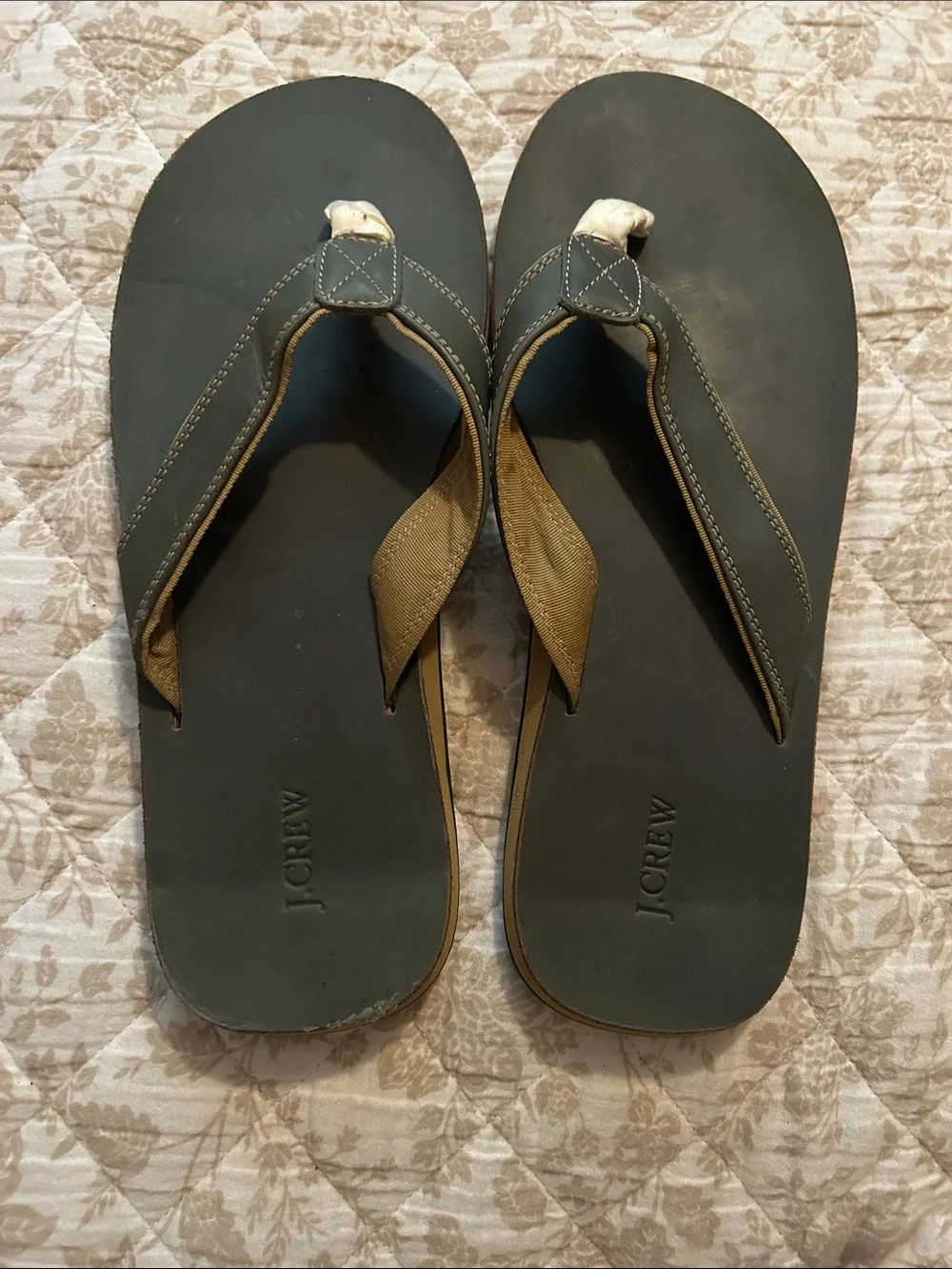 J. Crew Dark Green and Tan Leather Flip Flops